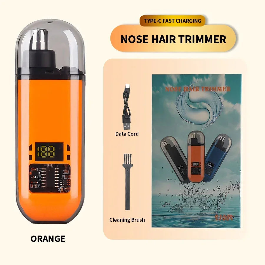 Orange Type-C fast charging nose hair trimmer with a cleaning brush and multiple trimming attachments