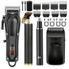 A set of four cordless hair grooming tools including a trimmer, clipper, and comb, shown in black and gold.