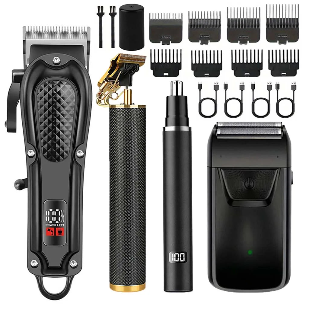 A set of four cordless hair grooming tools including a trimmer, clipper, and comb, shown in black and gold.