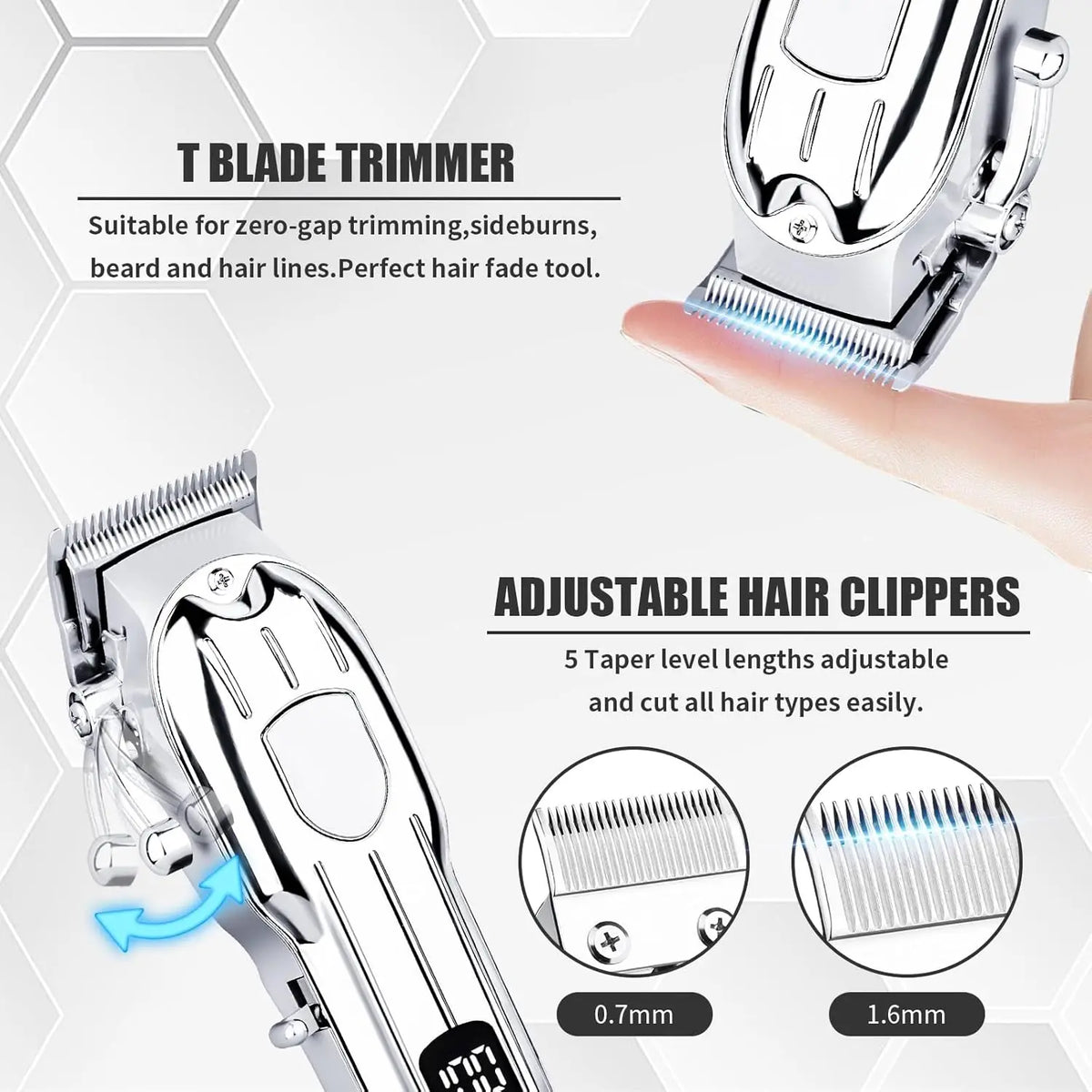 A set of adjustable hair clippers and a T blade trimmer for grooming and hair fading.