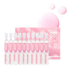 A bottle of PDRN Salmon DNA Anti-Aging Serum with pink liquid and a pink background.