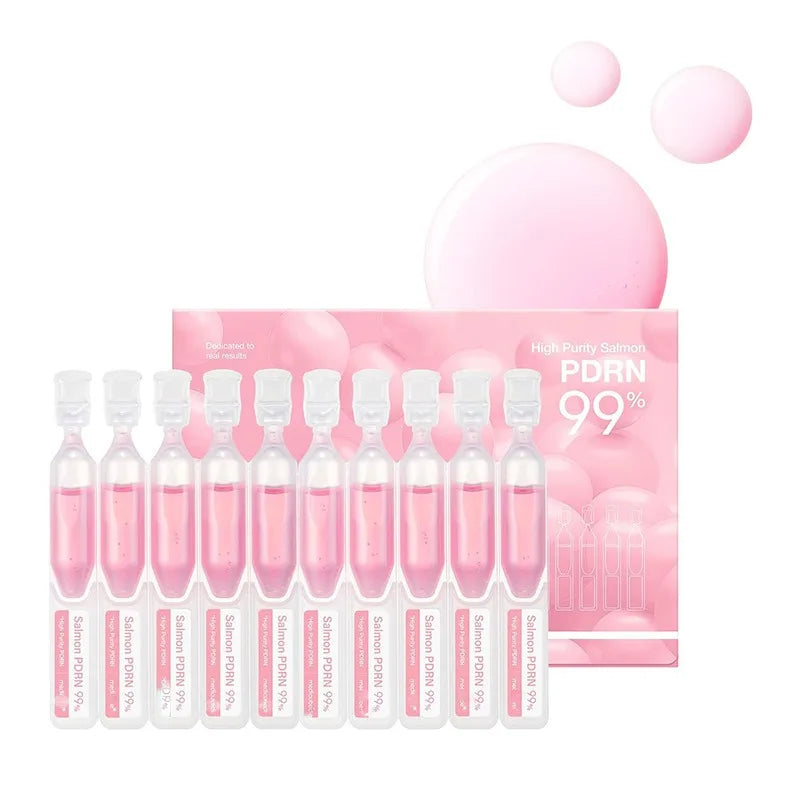 A bottle of PDRN Salmon DNA Anti-Aging Serum with pink liquid and a pink background.