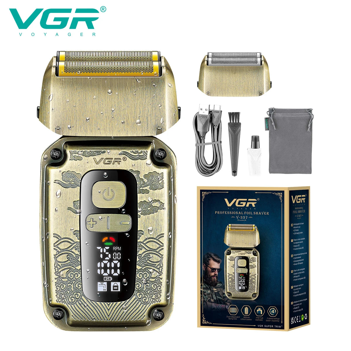 A VGR professional foil shaver set including a main unit, accessories, and packaging.