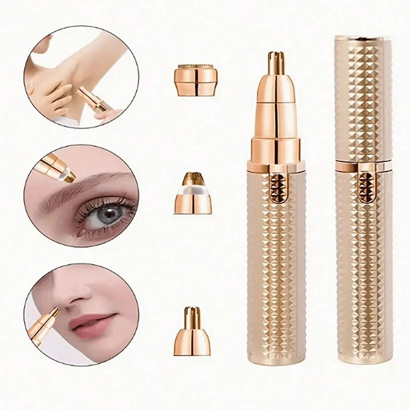 A set of three facial and body hair removal devices in rose gold color, shown with various tips and the main device.