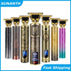 A set of professional wireless beard shavers and trimmers in various metallic colors including gold, silver, and rose gold.