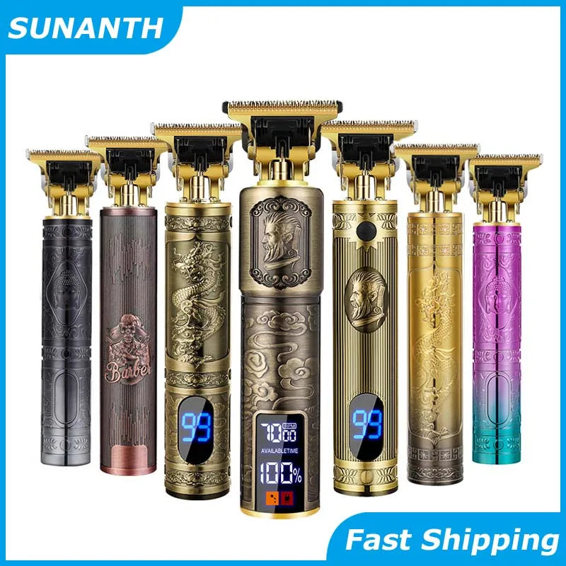 A set of professional wireless beard shavers and trimmers in various metallic colors including gold, silver, and rose gold.