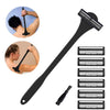 A multi-layer silicone back shaver razor shown in various angles and with replacement heads.