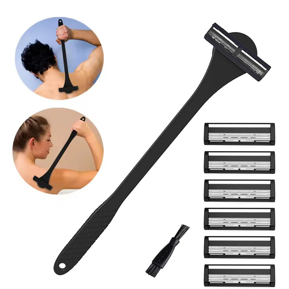 A multi-layer silicone back shaver razor shown in various angles and with replacement heads.