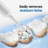 A white sonic electric toothbrush is shown removing tartar from a tooth, demonstrating its ability to easily remove stubborn 