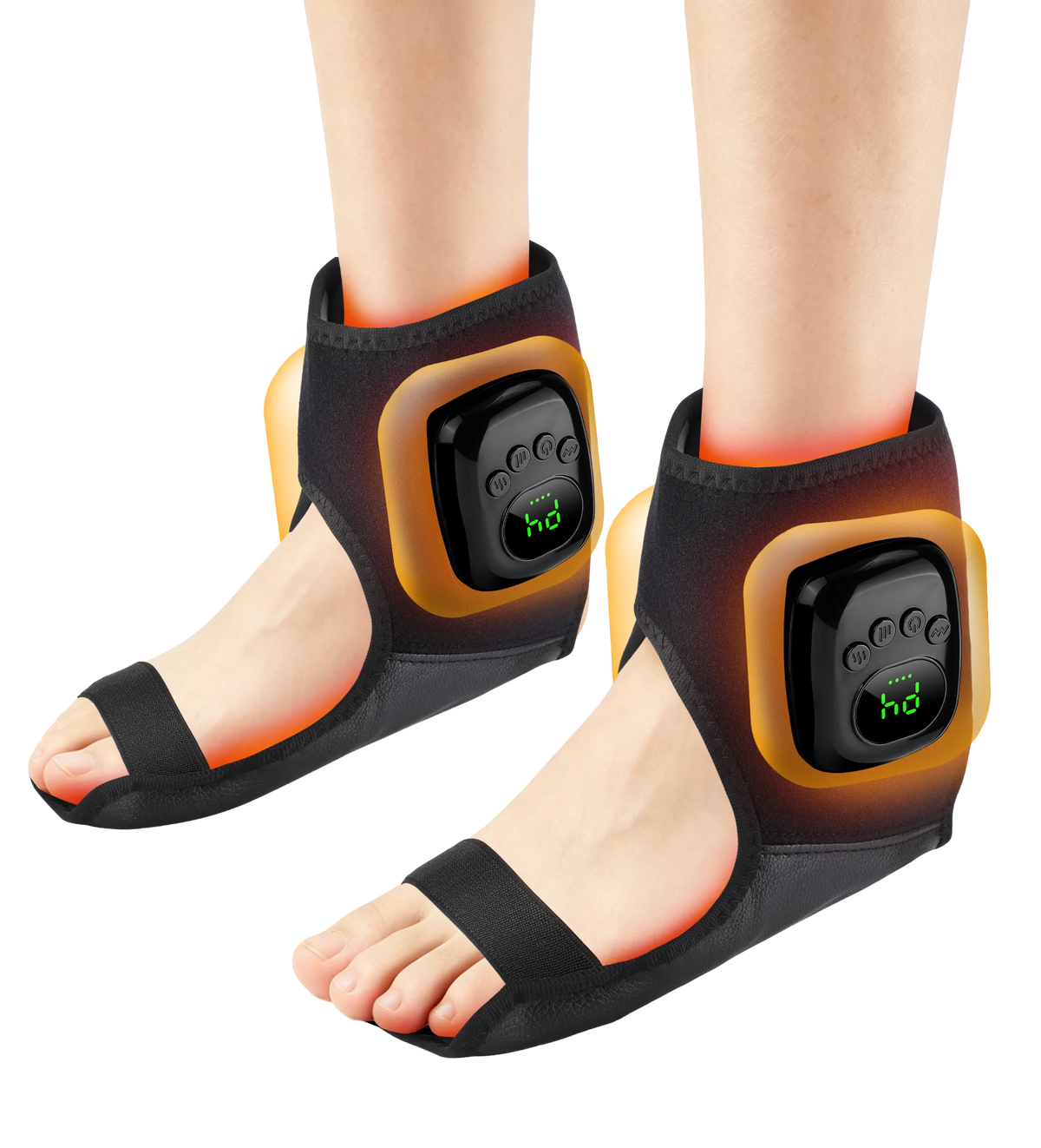 A pair of black heated air compression ankle massagers worn on the feet.