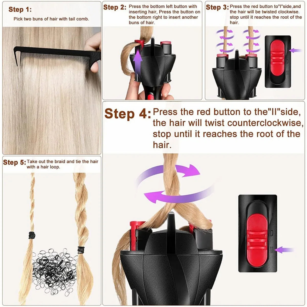 A five-step guide showing how to use an electric twist braiding tool to twist hair.