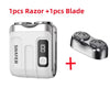 A white mini electric shaver with a blade is shown next to the product title.