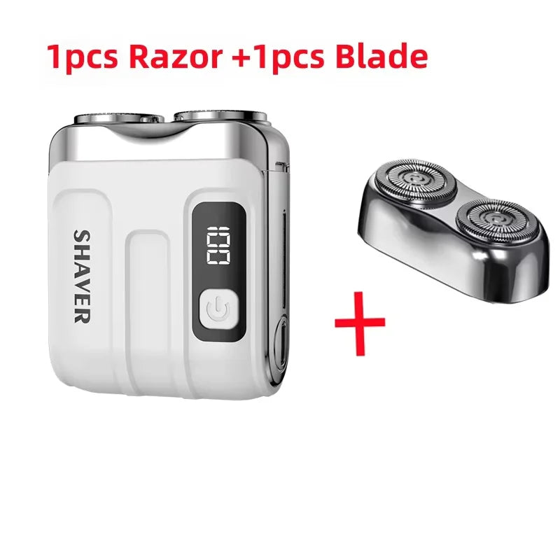 A white mini electric shaver with a blade is shown next to the product title.