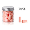 A jar of pink memory foam earplugs with a loose plug shown next to the container.