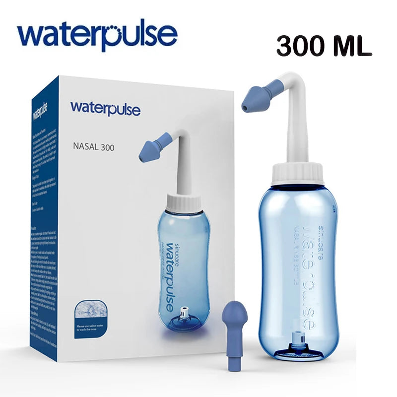 A white bottle of Waterpulse nasal irrigation rinse with a blue cap and a white nozzle, next to the packaging.