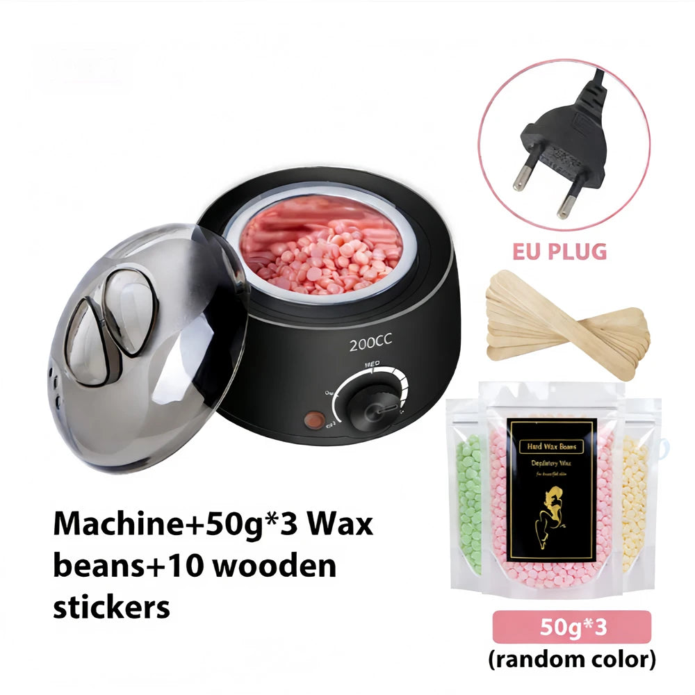 Ein schwarzer Wachheizer mit Zubehör, einschließlich EU-Stecker und Wachsbohnen.