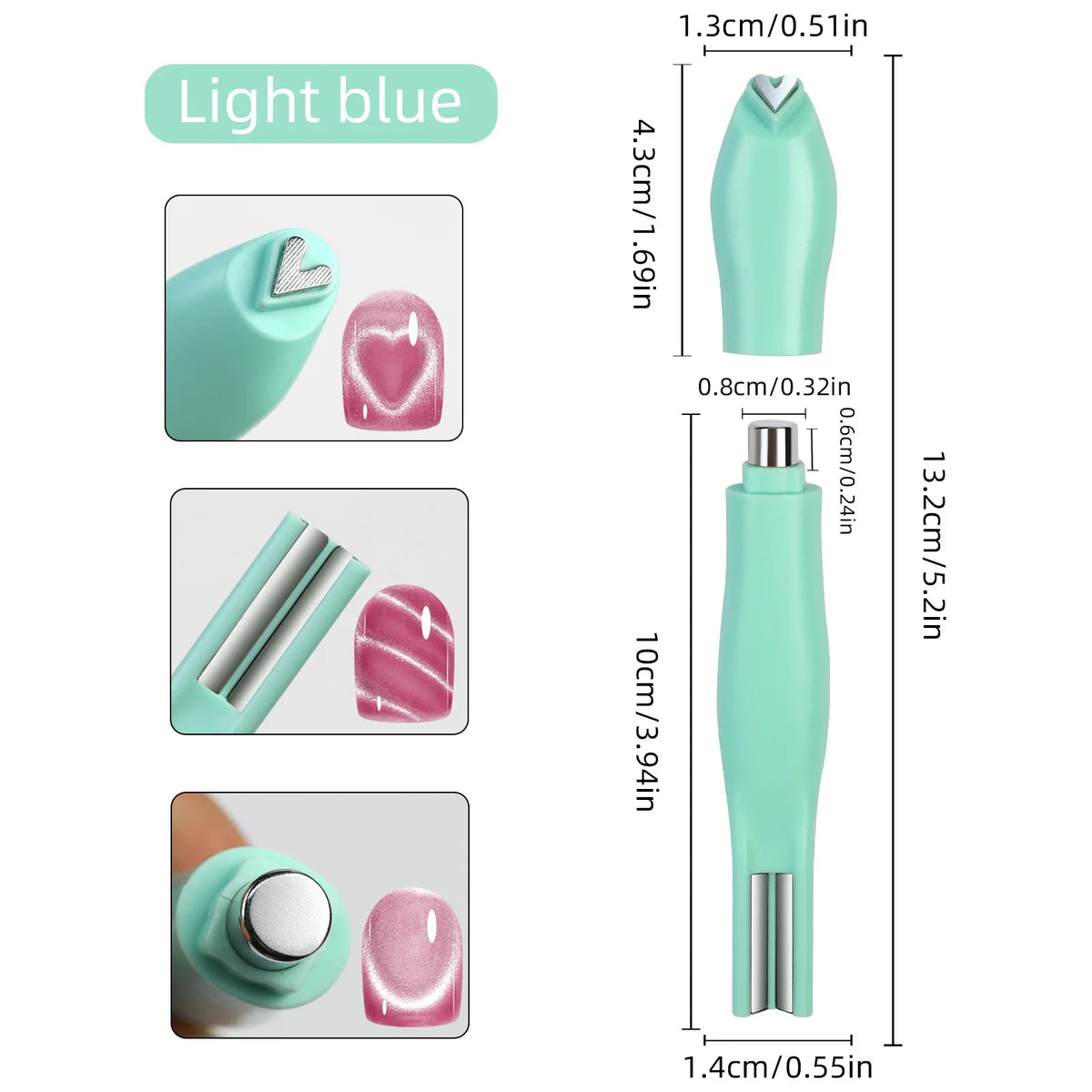Ensemble de aimants pour ongles cat-eye à motif argyle bleu clair, montrant divers outils et ongles finis.