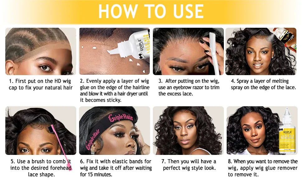 Instructions for using a professional wig installation glue and holding kit to style hair