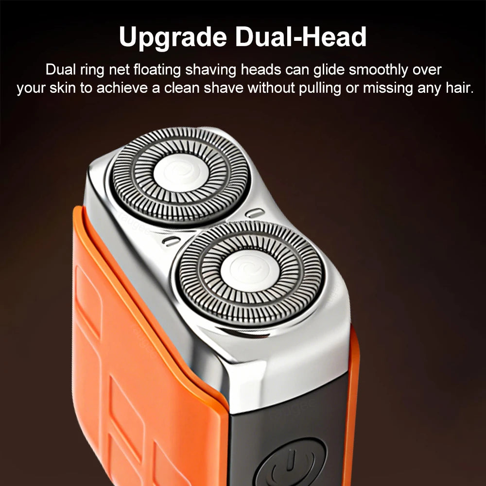 Close-up of an orange and silver dual-head electric beard trimmer with a power button visible.