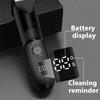 A black multi-function body hair trimmer with a battery display and cleaning reminder feature.