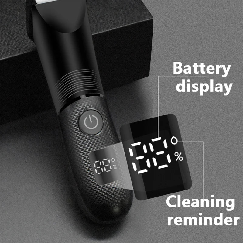 A black multi-function body hair trimmer with a battery display and cleaning reminder feature.