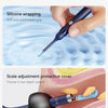 A hand holds a blue silicone ear cleaning tool designed for detail work and scale adjustment.