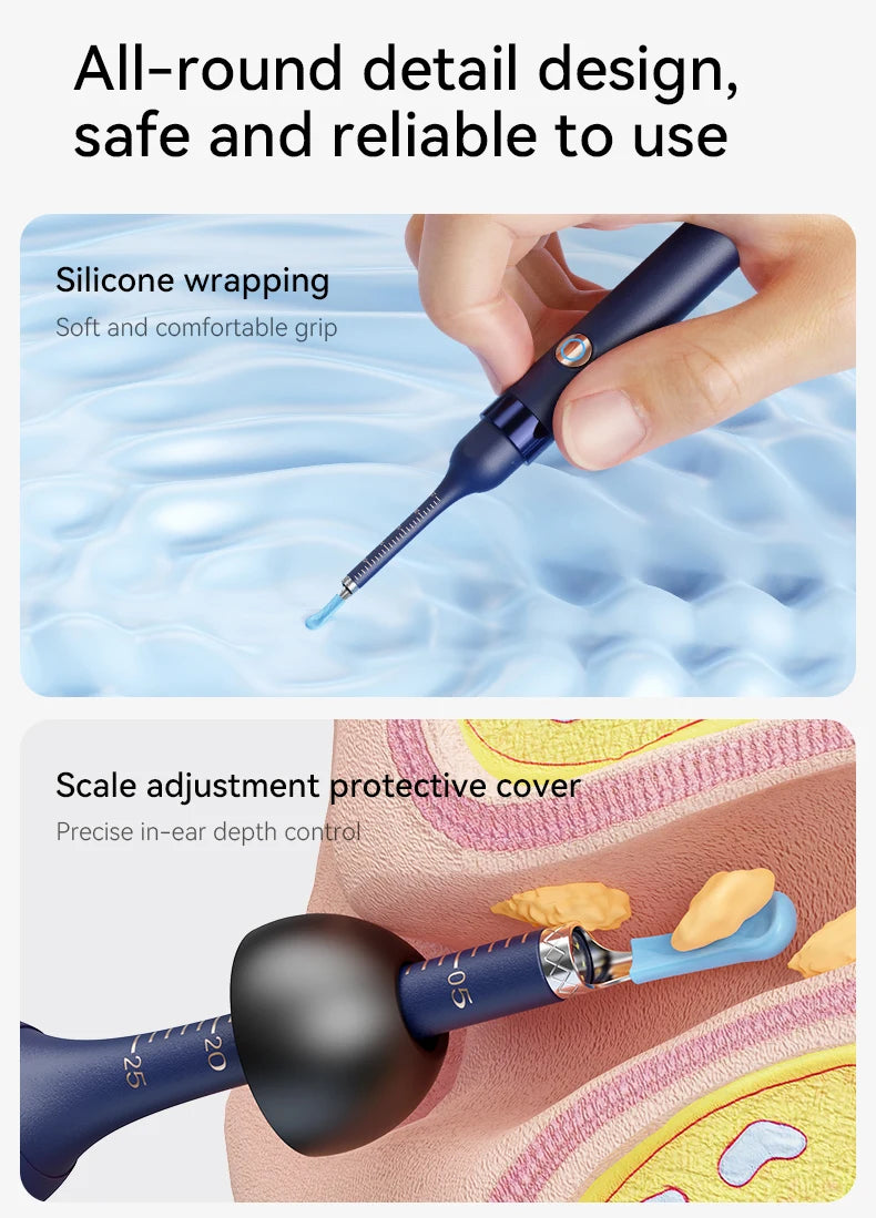 A hand holds a blue silicone ear cleaning tool designed for detail work and scale adjustment.