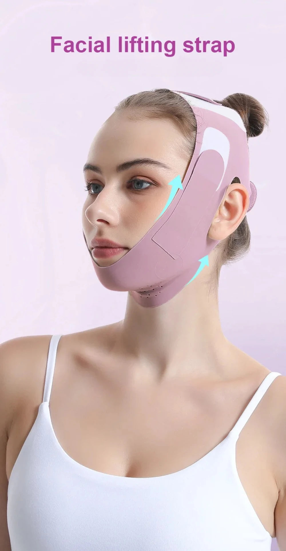 A woman is wearing a pink facial lifting strap designed to contour the face.