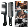 A set of black anti-static carbon hair combs shown in various angles and usage contexts.