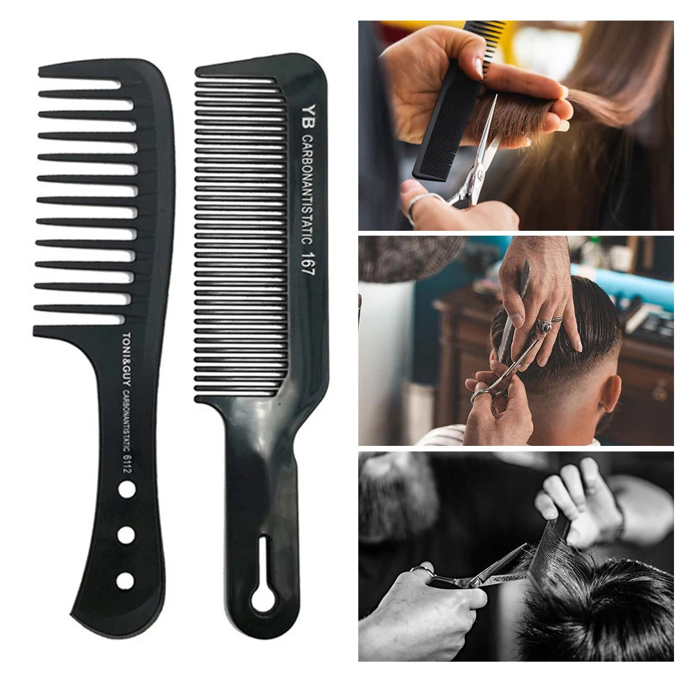A set of black anti-static carbon hair combs shown in various angles and usage contexts.
