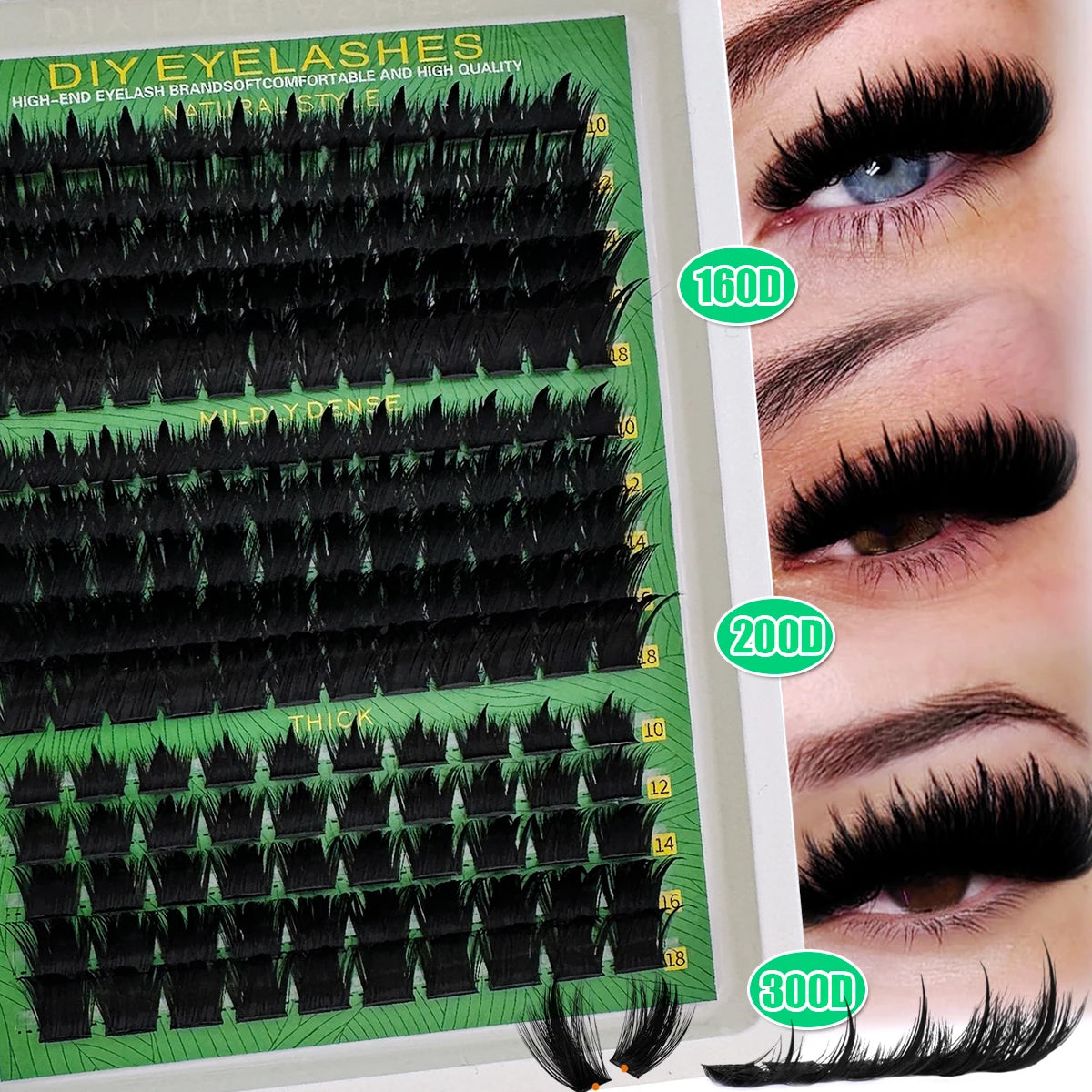 A display of DIY eyelashes showing various styles and thicknesses for high-end lash extensions