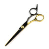 A pair of professional stainless steel hair cutting scissors with black and gold accents.