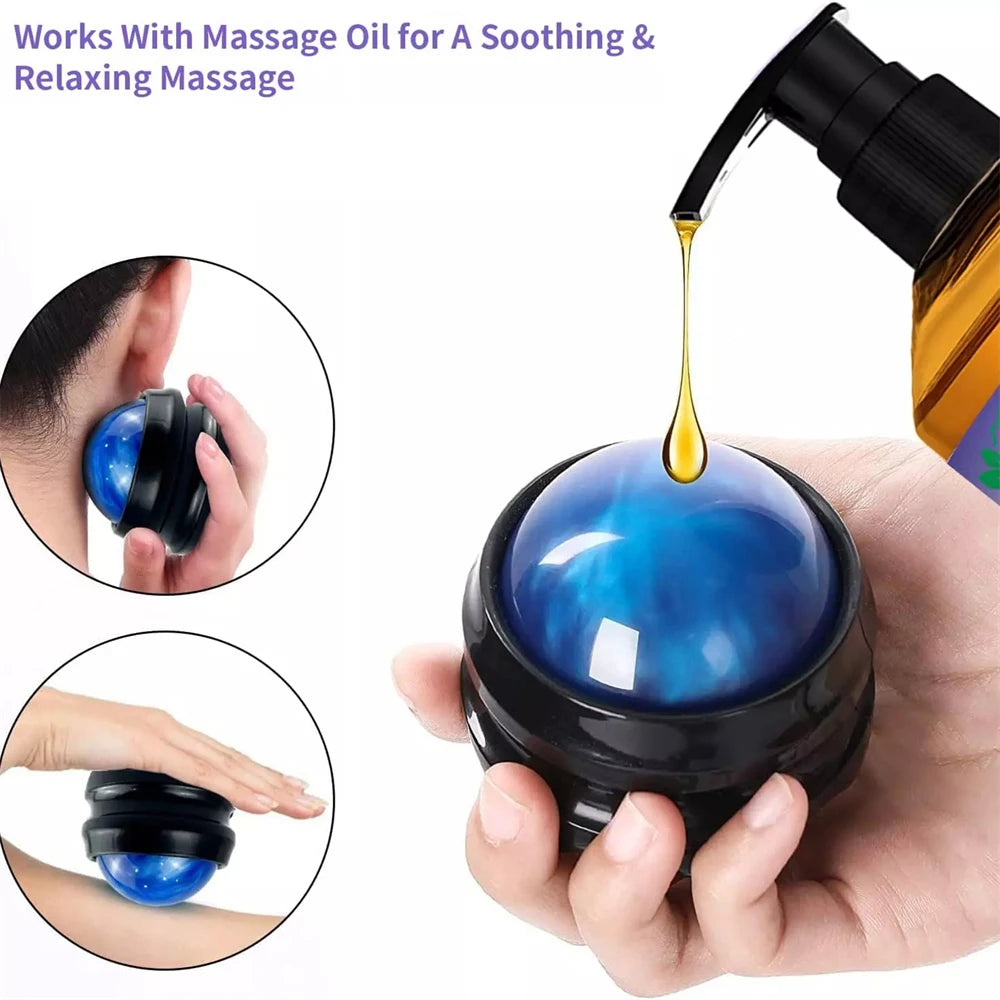 A hand is squeezing a blue massage ball, demonstrating the product used for soothing and relaxing massage.
