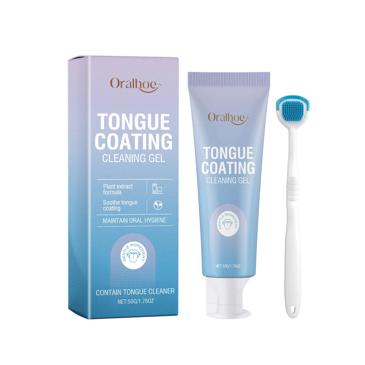 A kit containing a box and a tube of Oralhoo tongue coating cleaning gel