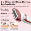A close-up of a pink and white 3 in 1 shaving blade epilator showing its components: curved, middle foil, and straight blades