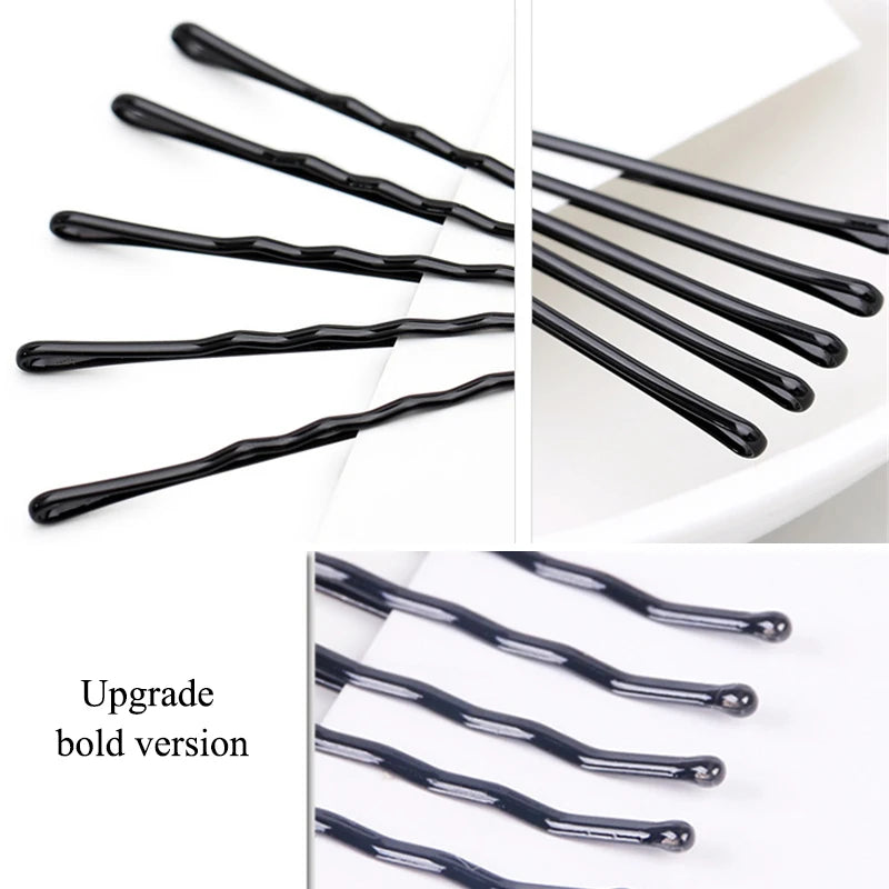 A collection of black metal U-shaped hair pins shown in various angles and close-ups.