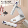 A white portable UV nail lamp device is shown with an adjustable arm and a separate light unit, next to nail art adhesive and