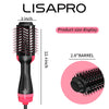 A black Lisapro hot air brush hair dryer with a 3 inch head and 2.8 inch barrel shown next to a diagram.