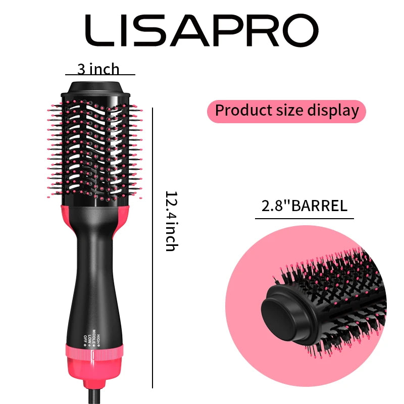 A black Lisapro hot air brush hair dryer with a 3 inch head and 2.8 inch barrel shown next to a diagram.
