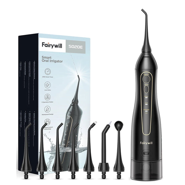 A black Fairywill smart oral irrigator device shown with various tips and accessories.