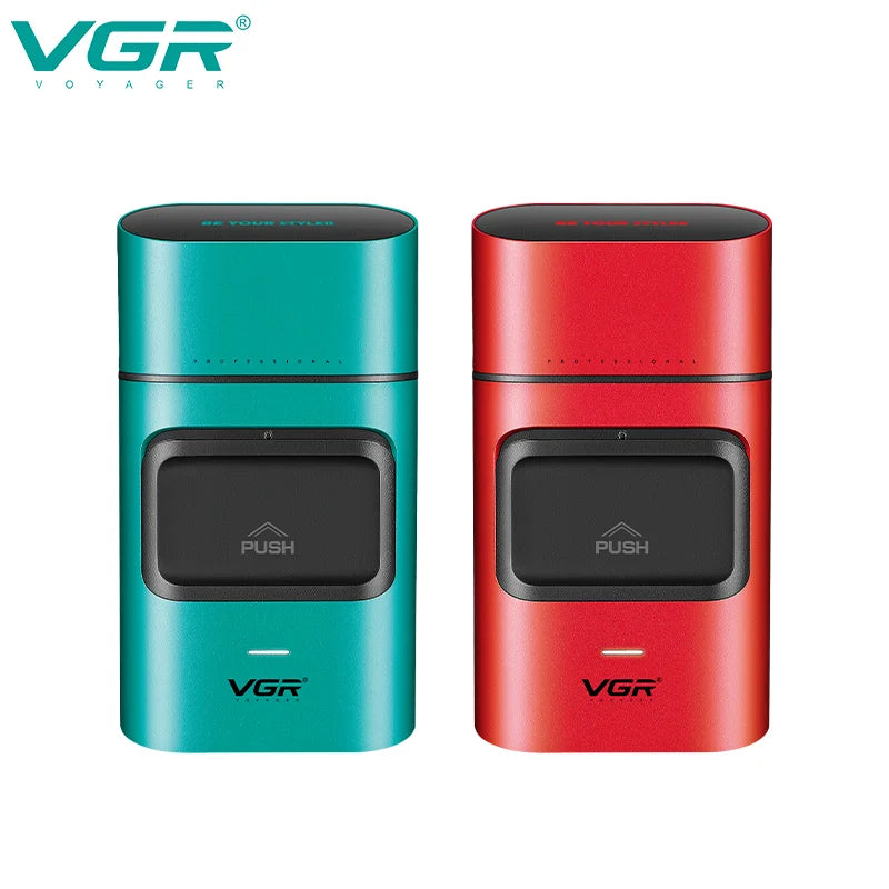 A pair of VGR electric hair trimmers, one teal and one red, shown side by side.