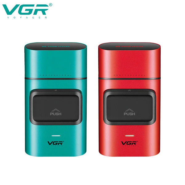 Un couple de tondeuses électriques VGR, une bleu sarcelle et une rouge, montrées côte à côte.