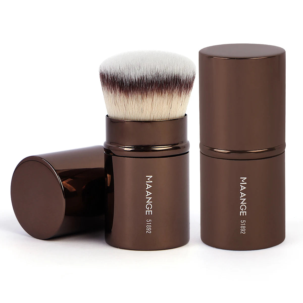 A set of two brown makeup brushes with fluffy bristles and dark handles displayed next to their packaging.