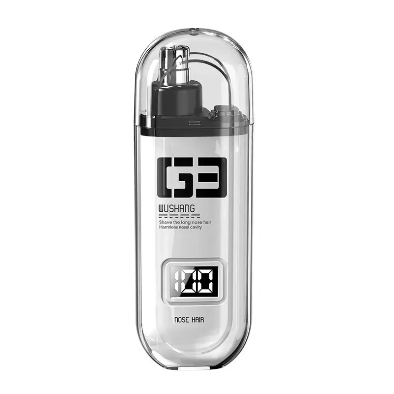 A clear plastic portable electric nose and ear hair trimmer with a black handle and digital display