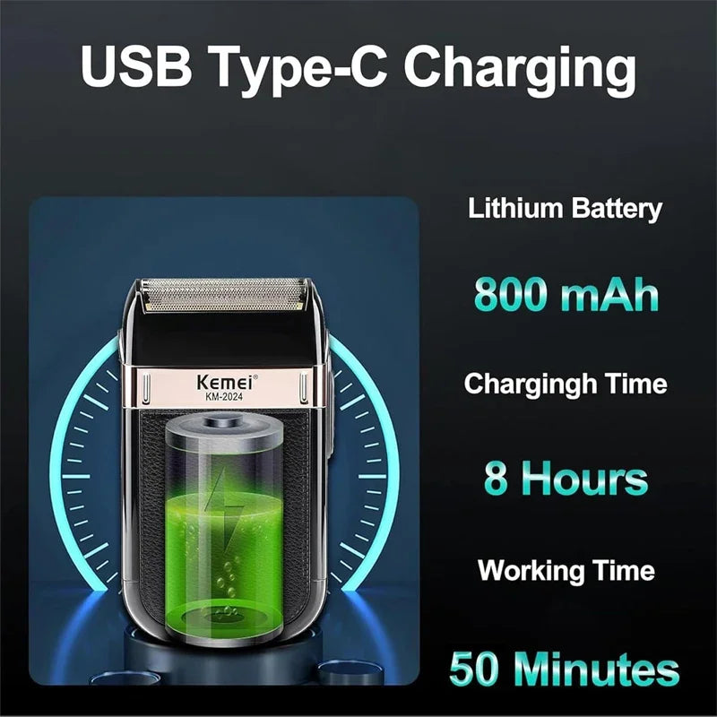 A Kemei USB Type-C charging lithium battery for electric hair clippers, showing specifications like 800 mAh and 8 hours worki