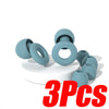 Three silicone noise-canceling earplugs in a light blue color displayed on a white surface.