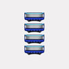 A set of four stainless steel manual shavers with blue and silver accents.