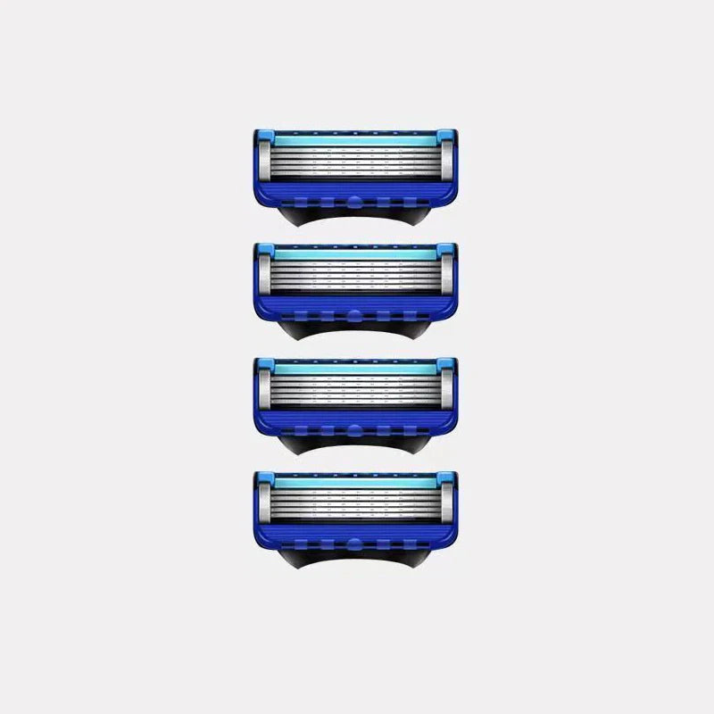 A set of four stainless steel manual shavers with blue and silver accents.