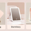 Three product options showing a foldable LED makeup mirror in pink, used for shopping, dormitory, and office settings.