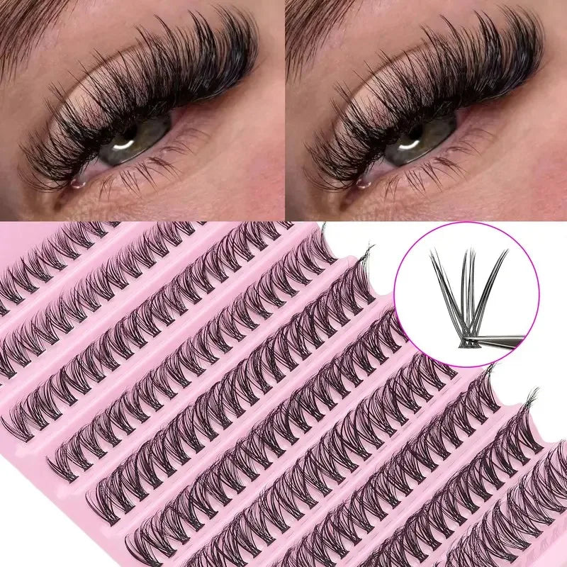 Gros plan d'un kit d'extensions de cils éphémères DIY montrant l'application et les cils.